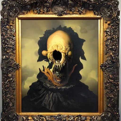 Image similar to oil painting with black background by christian rex van minnen rachel ruysch dali todd schorr of a chiaroscuro portrait of an extremely bizarre disturbing mutated man with acne intense chiaroscuro cast shadows obscuring features dramatic lighting perfect composition masterpiece