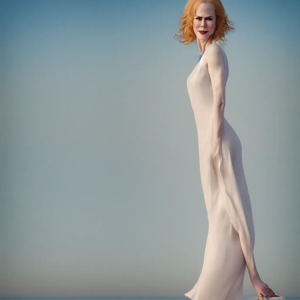 Image similar to a portrait photography of Nicole Kidman with full body dress in white by Flora Borsi, stand up with the sea behind, soft sunset lighting, pastel colors scheme, fine art photography, dramatic backgroung, 50 mm sigma art