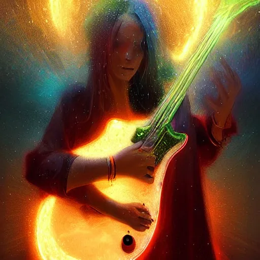 Image similar to UHD photorealistic Cosmic Druid playing electric guitar in the style of tonalism by Greg Rutkowski