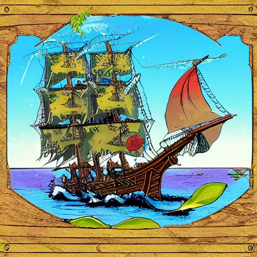 Image similar to brigantine pirate ship that has a green fruit tree in the middle of it, surrounded by water, bold complementary colours, 2 d matte, comic book art,