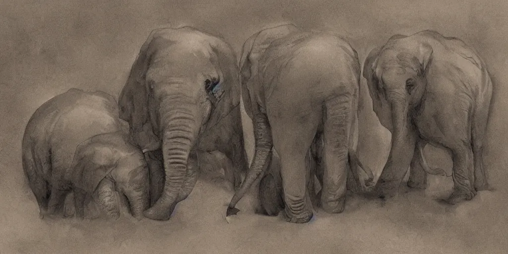 Prompt: two adult elephants comfort a baby elephant, illustration, detailed, smooth, soft, cold, by Adolf Lachman, Shaun Tan, Surrealism