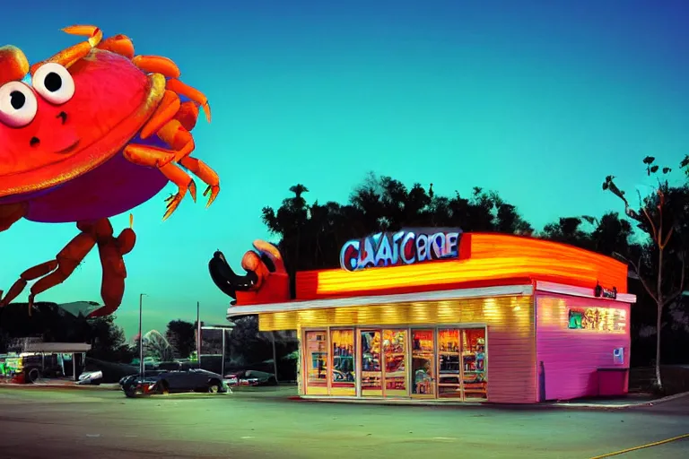 Image similar to giant crab attacking a california drive in, in 2 0 1 2, cutecore, y 2 k, bathed in the the glow of the sunset, low - light photograph, in style of monkeybone