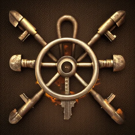 Image similar to a stylised old metal key, key is on the center of the image, rpg game inventory item, on the white background, high poly vray, stylised textures
