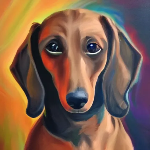 Image similar to fire elemental dachshund, oil painting