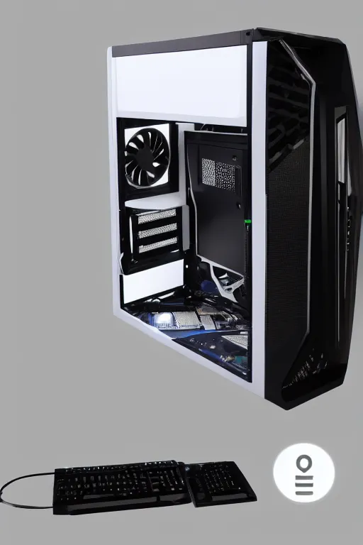 Prompt: computer with nvidia graphic card and white lite in black case with transparent window, white light, computer desk, monitor