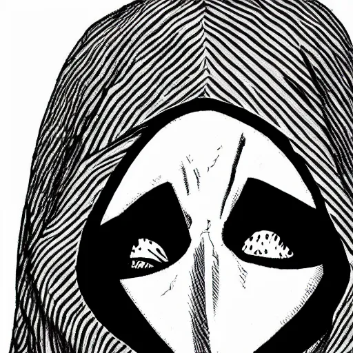 Image similar to hooded man with masked face, junji ito,