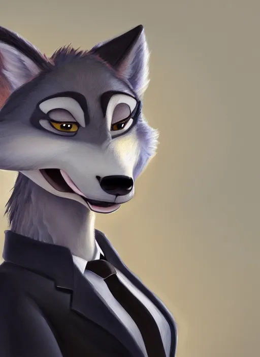 Image similar to oil painting of anthromorphic female wolf, in style of zootopia, female fursona, furry, furaffinity, 4 k, deviantart, furry art, fursona art, wearing black business suit, business suit, wolf fursona, female, very expressive detailed feminine face,