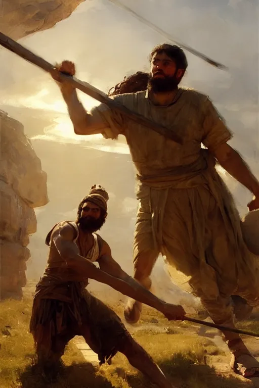 Image similar to ancient biblical israeli young man david slinging a stone at the philistine giant goliath of gath in battle by anders zorn, wonderful masterpiece by greg rutkowski, beautiful cinematic light, by greg manchess, jessica rossier