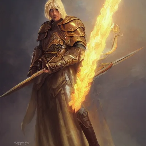 Prompt: portrait of an aasimar paladin blond young man with amber eyes wielding his flaming blade, strong, sofisticated, fantasy, highly detailed, digital painting, artstation, concept art, character art, art by greg rutkowski and tyler jacobson and alphonse mucha