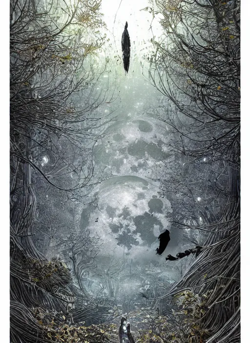 Image similar to glowing silver and golden elements, full close-up portrait, ghibli crow, book cover, green forest, white moon, establishing shot, extremly high detail, photo-realistic, cinematic lighting, pen and ink, intricate line drawings, by Yoshitaka Amano, Ruan Jia, Kentaro Miura, Artgerm, post processed, concept art, artstation, matte painting, style by eddie mendoza, raphael lacoste, alex ross