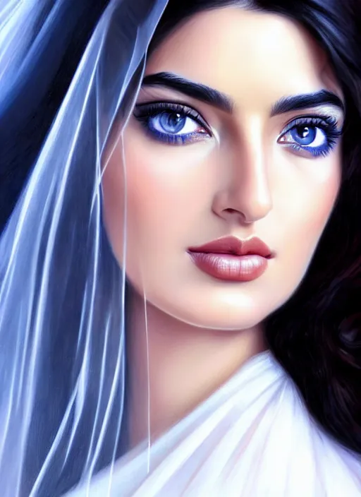 Image similar to beautiful ameera al taweel, blue eyes, long wavy black hair, white veil, in the style of stefan kostic, realistic, sharp focus, 8k high definition, insanely detailed, intricate, elegant, art by stanley lau and artgerm