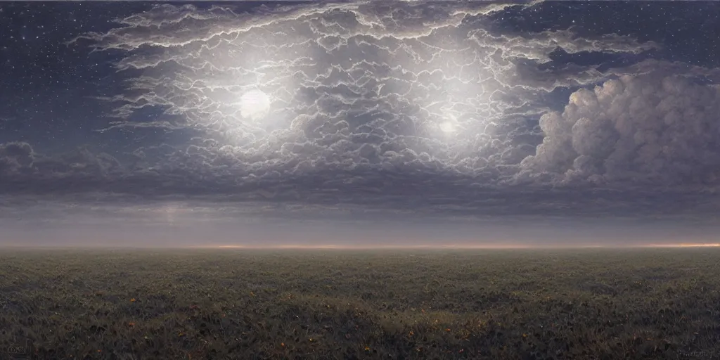 Prompt: the cloudy moonlit sky, landscape art by donato giancola and greg rutkowski, digital art, trending on artstation, symmetry!!, volumetric lighting, hdr, high contrast starry night