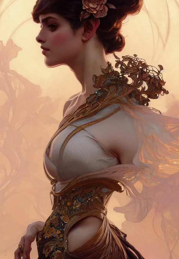 Image similar to close up of a beautiful woman on wearing concept fashion, fantasy, intricate, elegant, highly detailed, digital painting, artstation, concept art, smooth, 8 k, sharp focus, illustration, art by artgerm and greg rutkowski and alphonse mucha