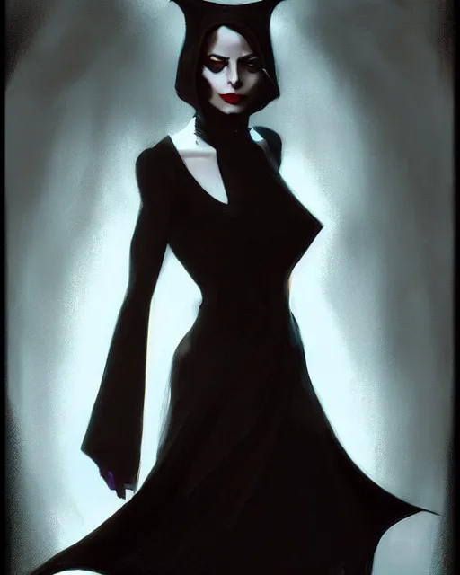 Prompt: style of craig mullins : : gorgeous willa holland : : evil witch, swirling black magic, black dress : : symmetrical face, symmetrical eyes : : full body pose : : gorgeous black hair : : magic lighting, low spacial lighting : :