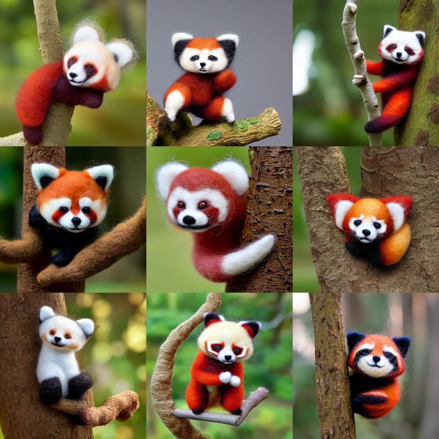 Prompt: needle felted red panda straddling a tree branch, legs hanging down, highly detailed, fluffy, soft, poofy, tilt shift, cute, hyperrealism, highly textured, god rays