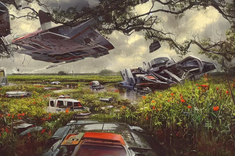 Prompt: hyperrealism, scene from thunderstorm, starship, junkyard, louisiana swamps, orange blooming flowers garden, 8 k, 8 0 s japanese sci - fi books art