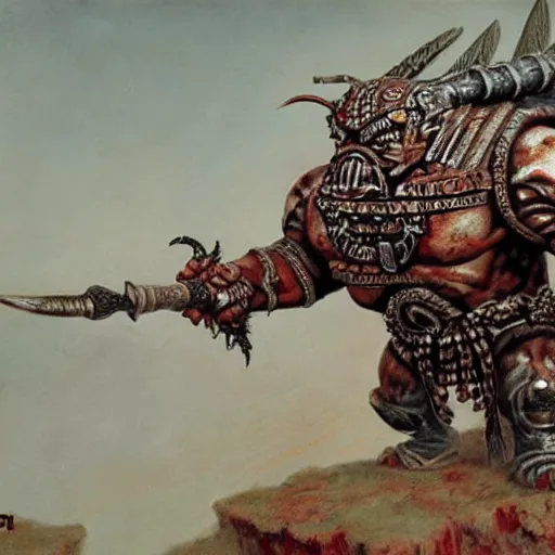 Image similar to warhammer orc feral chieftain, wearing tribal armor, bulky body, ogre head, tusked, beksinski