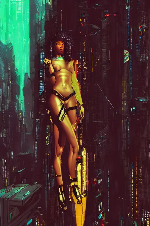 Image similar to a beautiful young Black woman, cyberpunk, Blade Runner city background, highly detailed, artstation, illustration, art by Gustav Klimt