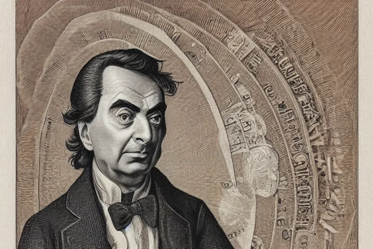 Prompt: An engraved portrait of Mr. Bean , detailed!!! copper-plate engraving in the style of money bills, fine!!! lines, engraved by Alfred Sealey, Bureau of Engraving and Printing