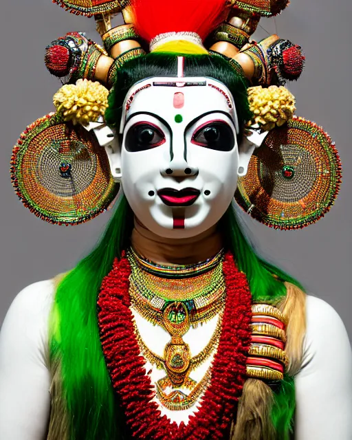 Prompt: symmetrical portrait of a kathakali dancer cyborg wearing a silicone swarovski studded red beauty mask and green hair buns, wearing a black bodysuit armour by alexander mcqueen, cream white background, soft diffused light, biotechnology, humanoid robot, bjork aesthetic, translucent, by rineke dijkstra, intricate details, highly detailed, masterpiece,