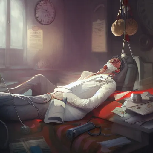 Image similar to an award winning commission of a doctor sleeping in a circus,digital art,detailed face,hyperdetailed,character design by charles bowater,greg rutkowski,artstation,deviantart,photorealistic