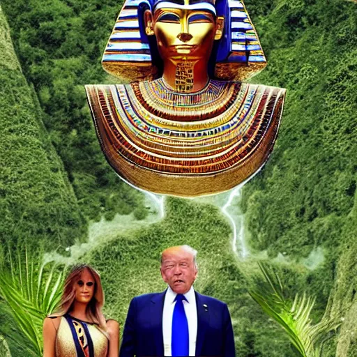 Image similar to donald and melania trump as egyptian king and queen, elegant, majestic, powerful, pyramids, anunaki, hieroglyphs, lush, rainforest, river, green, river god, wilbur smith, gold, trump tower