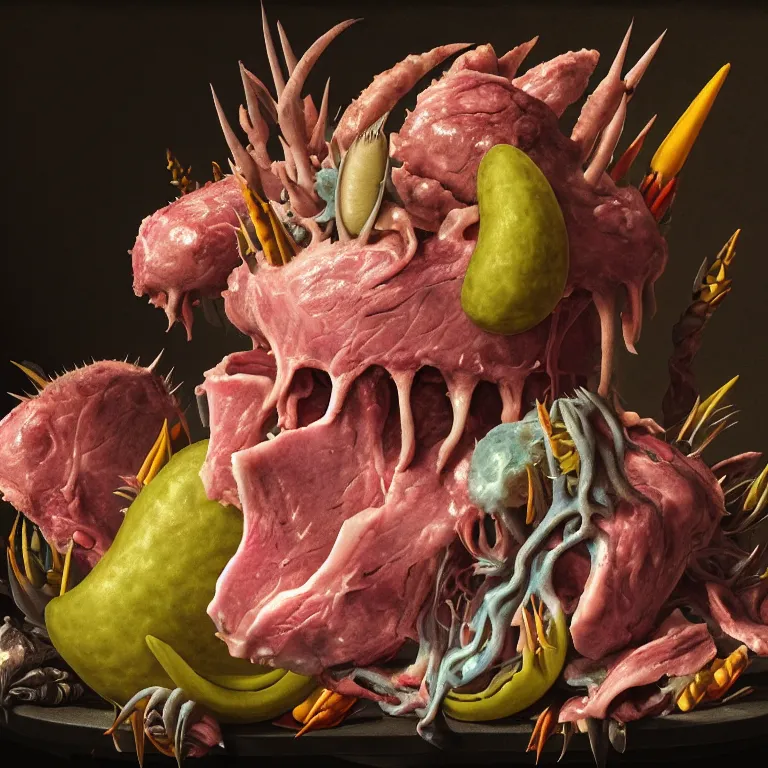 Image similar to still life of beautiful pastel tropical alien flowers, tropical fruit, human spine, rotten meat flesh with colorful mold, muscle tissue, spikes, baroque painting, beautiful detailed intricate insanely detailed octane render, 8K artistic photography, photorealistic, chiaroscuro, Raphael, Caravaggio