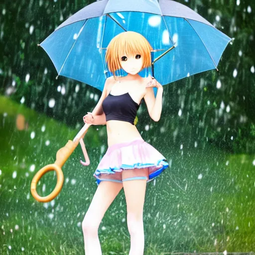 Image similar to anime girl in copron tights, in full growth, beautiful appearance, curly hair, holding an umbrella and it's raining, beautiful figure