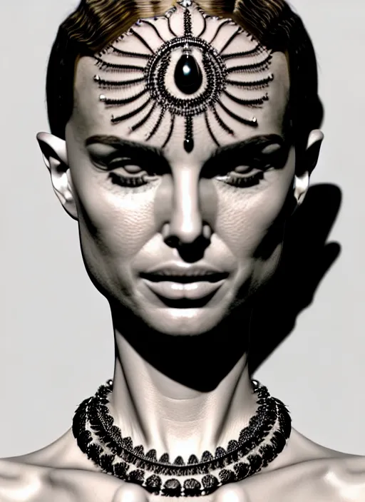 Image similar to 3 d printed model of an absurdly beautiful, graceful, sophisticated, fashionable woman, natalie portman, facial tattoos, in the style of irakli nadar and alexandre ferra and popovy sisters, intricate linework, white porcelain skin, faberge, intricate chrome chains, dark atmosphere, unreal engine 5 highly rendered, global illumination, radiant light, detailed and intricate environment