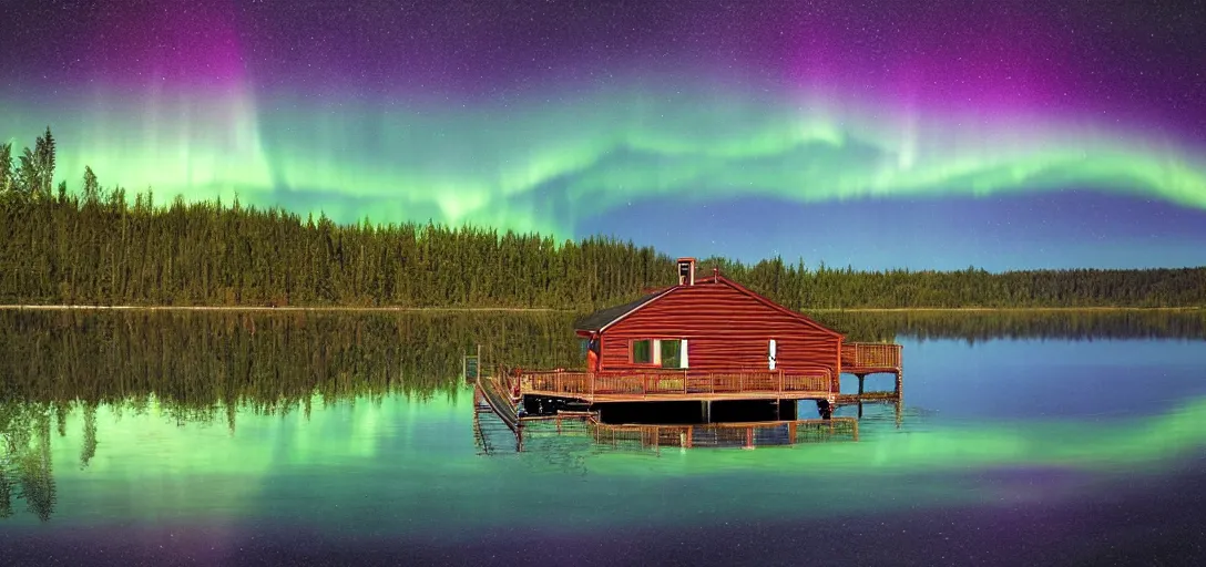 Prompt: a modern cabin in the middle of a lake, night, rainbow aurora, classic painting, award winning, highly detailed