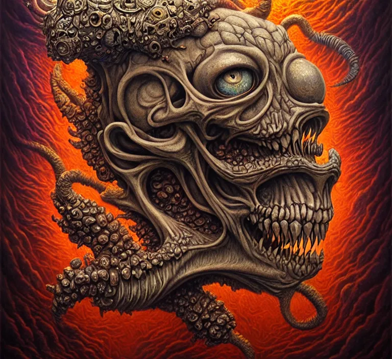 Image similar to A beautiful detailed grotesque monster super cute tarot card, by tomasz alen kopera and Justin Gerard, symmetrical features, ominous, magical realism, texture, intricate, ornate, royally decorated, skull, skeleton, whirling smoke, embers, red adornements, red torn fabric, radiant colors, fantasy, trending on artstation, volumetric lighting, micro details, 3d sculpture, ray tracing, 8k, anaglyph effect, digital art