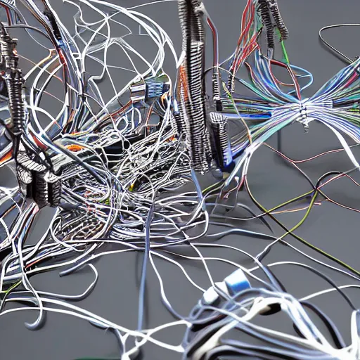 Image similar to a cluster of wires mixed into engine parts, patterned like a map, photo realistic