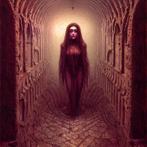 Image similar to alyson hannigan in necromancer crypt by beksinski