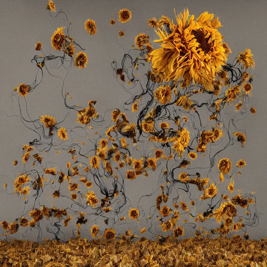 Prompt: Detailed rendering and digital dynamic painting of brown withered sunflowers falling around, vibrant and vivid, smooth, soft, dark, bright, heavenly, elegant, swirls, twirling, twisted, cinematic, unreal, high contrast, HDR, 4k, artstation, cgsociety, magical, mystical, mystifying, obscure, perplexing, zbrush, octane, hyperrealistic