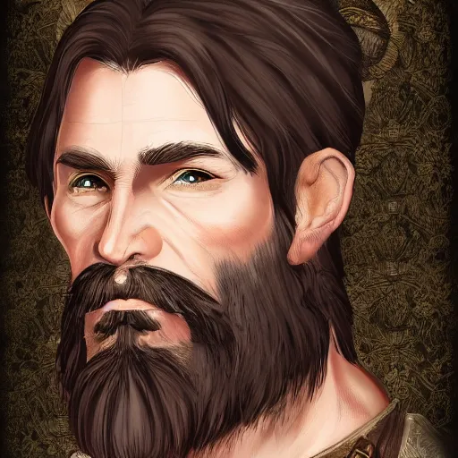 Prompt: 5 0 years old man, tall : : brown hair, stubble beard : : decorated medieval clothing : : high detail, digital art, rpg, concept art, illustration