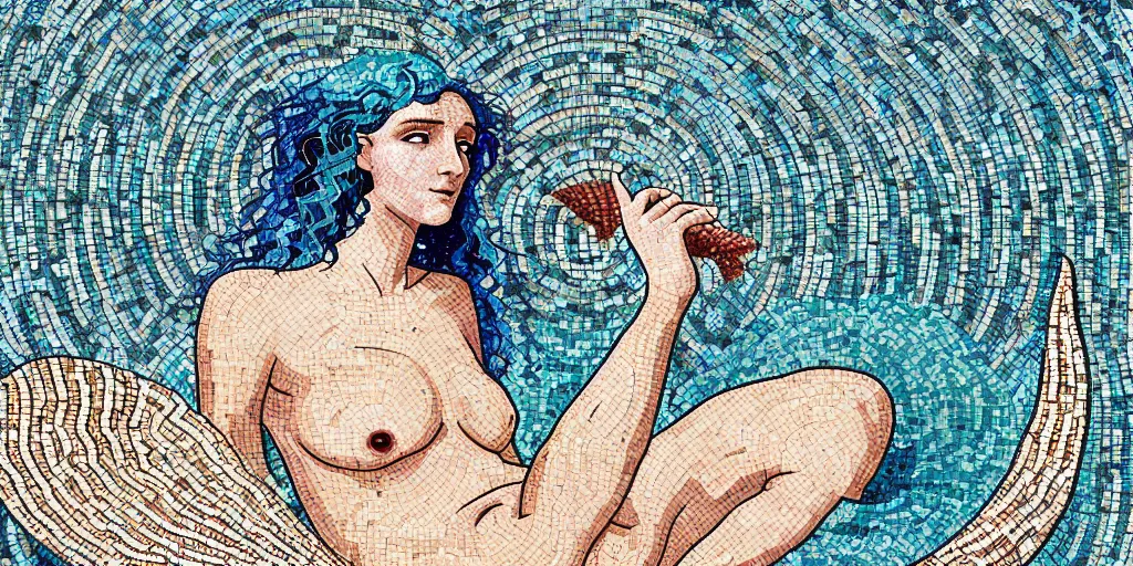 Image similar to ancient roman mosaic of bluehair mermaid with a shell bikini on sea floor, illustration by moebius, victo ngai, clean thick line, mosaic style