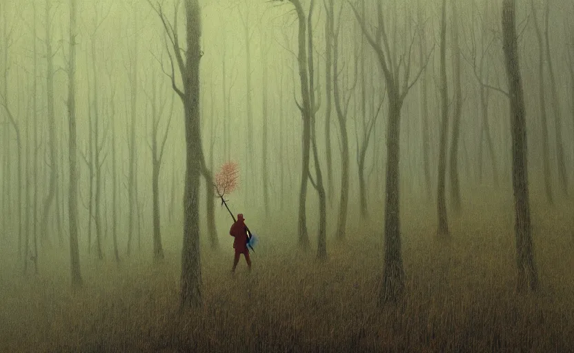 Prompt: a lone man with a torch defends himself in a forest clearing by Beksinski, 4k, masterpiece