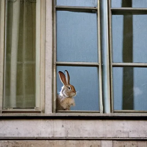 Image similar to a rabbit sits in a window, in paris, it's raining outside, there's raindrops on the window, The eiffel tower is visible out the window, it's evening