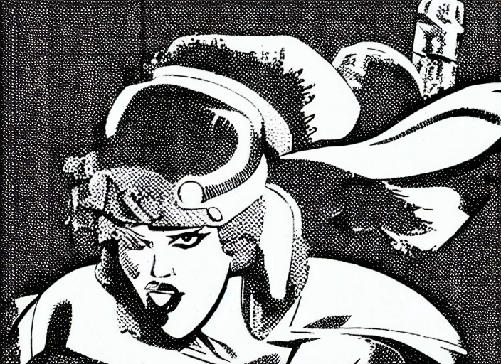 Prompt: a fat valkyrie. roy lichtenstein style. halftone dots. comic book look