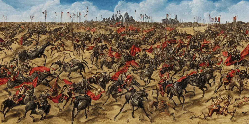 Image similar to medieval battlefield filled with cavalry fleeing from monster trucks