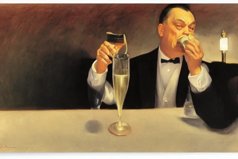 Prompt: viktor orban drinking champagne by edward hopper