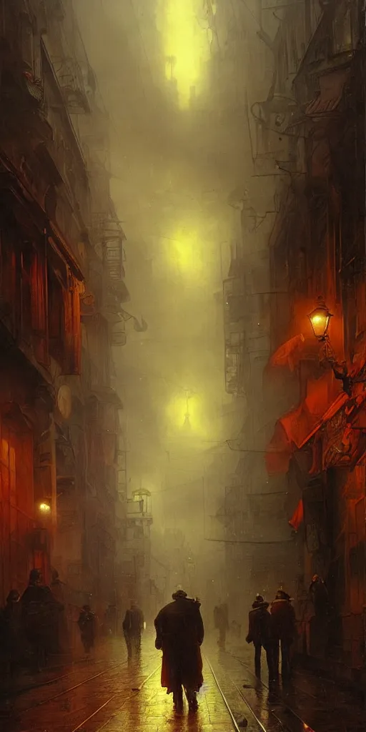 Prompt: a street of a city in 1 9 4 0 with yellow light on from the windows during the night, a men stand up under a light, steam punk, mystical red fog, oil on canvas, art by andreas achenbach, clemens ascher, tom bagshaw and sabbas apterus,