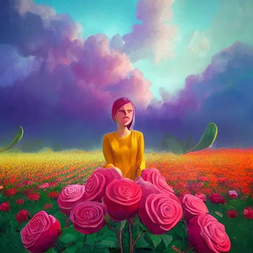 Image similar to giant rose flower head, full body girl sitting in a flower field, surreal photography, sunrise, dramatic light, impressionist painting, colorful clouds, digital painting, artstation, simon stalenhag