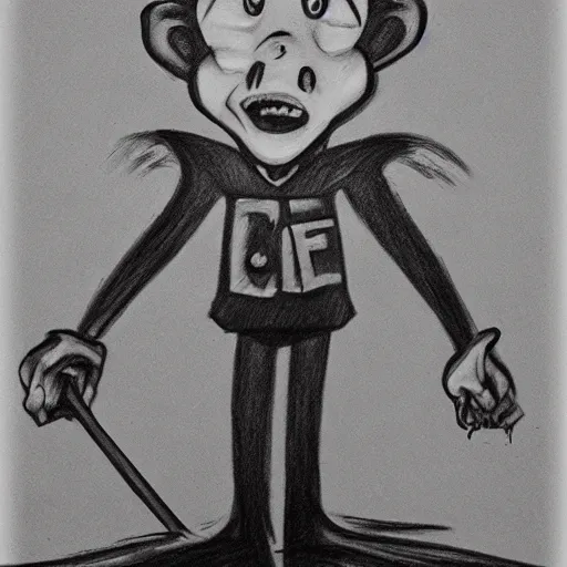 Image similar to a scary horror themed goofy-janitor, drawn with charcoal and pen and ink, half-tone-line-stacking