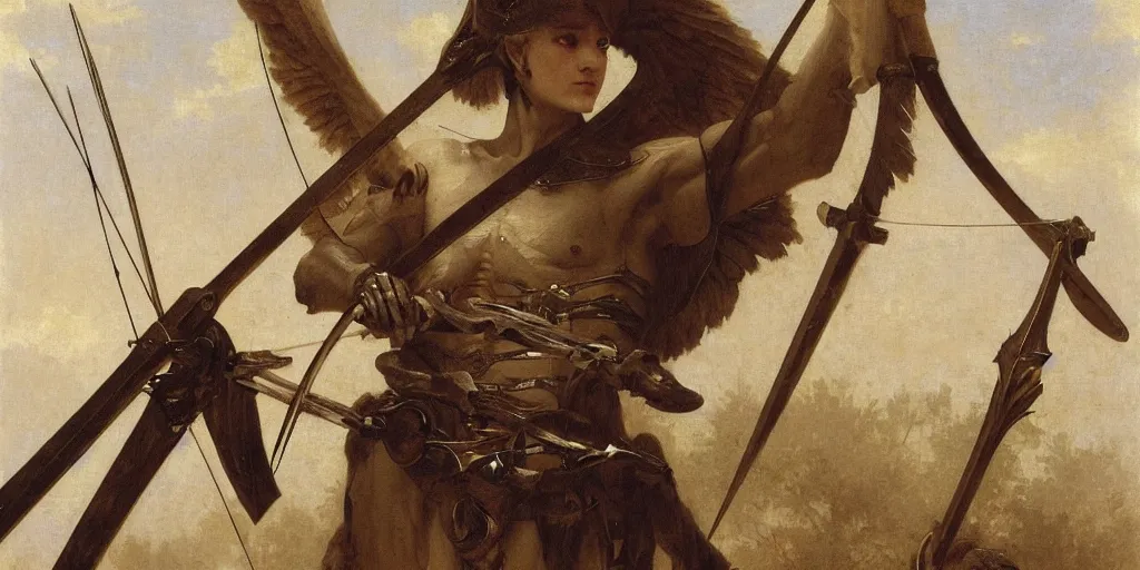 Image similar to portrait of a skeleton archer with big sword, wearing helmets and armor with wings, symmetrical, solemn, sacred, aura, by bouguereau