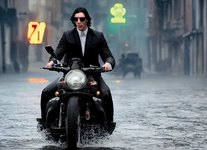 Image similar to first official image from bond 2 6, starring adam driver as agent 0 0 7, riding a shark through the streets of valparaiso, chile in heavy rain. directed by alejandro inarritu. stunning cinematography, kodak vision 2 0 0 t, high contrast, anamorphic lens, chromatic aberration.