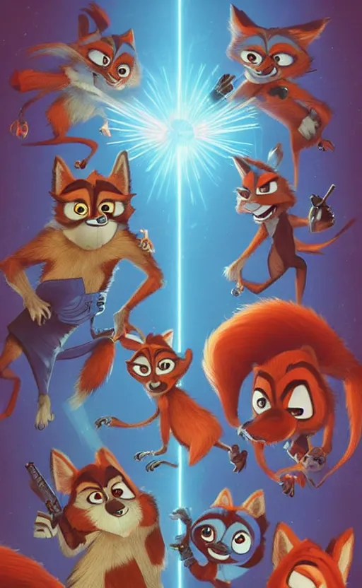 Image similar to “red racoons facing off with blue racoons in the style of zootopia, they’re all holding a laser gun”