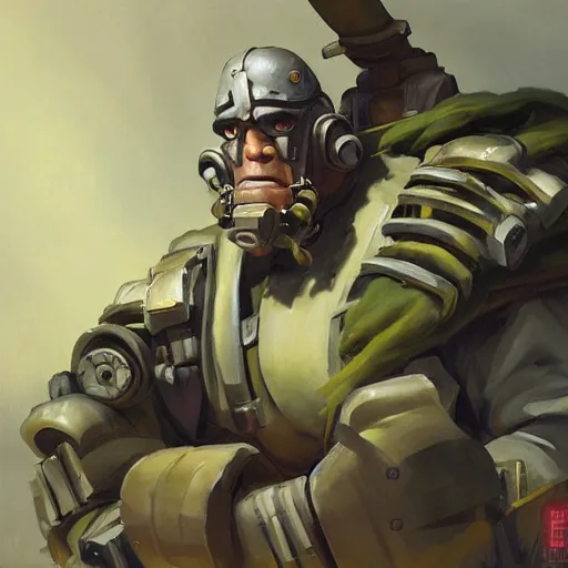 Prompt: greg manchess digital painting of an old dieselpunk orc military officer ( as an overwatch character ) with olive green skin sitting at a desk in his office, organic painting, matte painting, bold shapes, hard edges, street art, trending on artstation, by huang guangjian and gil elvgren and sachin teng