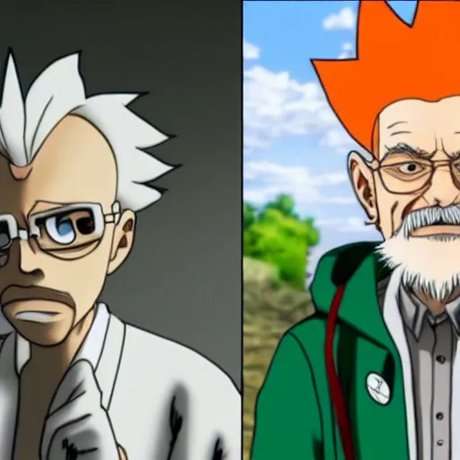 Image similar to senku from dr stone and walter white from breaking bad in a lab together