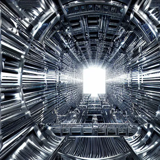 Prompt: quantum supercomputer, hadron collider, Kch atlas detector centered in a massive white chamber, millions of organized silver components by Giger, symmetrical, quantum geometry, qubits, superconductor piping, high tech, futuristic, shiny, rautrace, photorealistic, 8k, octane render